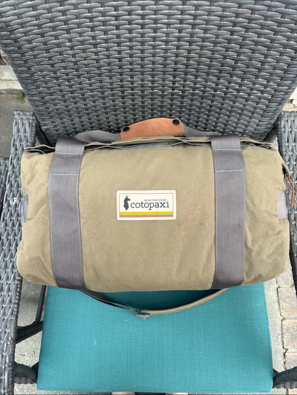 cotopaxi Olive Brown Canvas Duffel Bag with Gray Straps